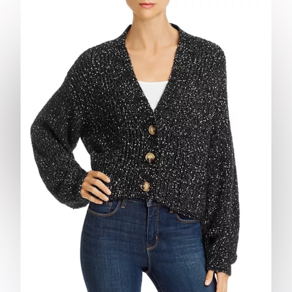 BB Dakota Speckle Occasion Black Short Cable Knit V-Neck Cardigan Sweater XS New